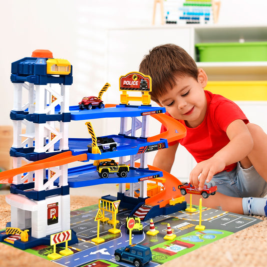 PUPWER Kids Garage Toy Set, Toy Vehicle Garage for Toddlers, Race Car Ramp Track Toy, Parking Garage Playset Toy with Play Mat 6 Alloy Cars ,Gift for 3 + Boys and Girls as Christmas,Halloween,Easter