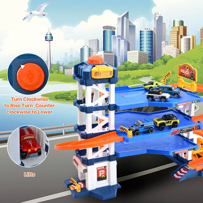 PUPWER Kids Garage Toy Set, Toy Vehicle Garage for Toddlers, Race Car Ramp Track Toy, Parking Garage Playset Toy with Play Mat 6 Alloy Cars ,Gift for 3 + Boys and Girls as Christmas,Halloween,Easter