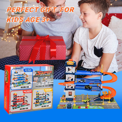 PUPWER Kids Garage Toy Set, Toy Vehicle Garage for Toddlers, Race Car Ramp Track Toy, Parking Garage Playset Toy with Play Mat 6 Alloy Cars ,Gift for 3 + Boys and Girls as Christmas,Halloween,Easter