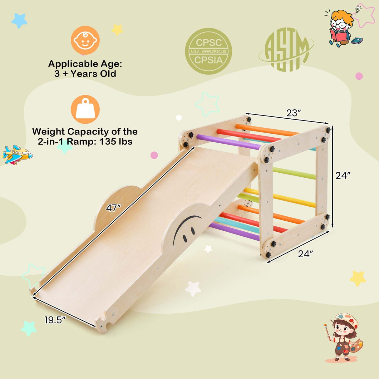 PUPWER 3 in 1 Wooden Climbing Toys for Toddlers Jungle Gym with Reversible